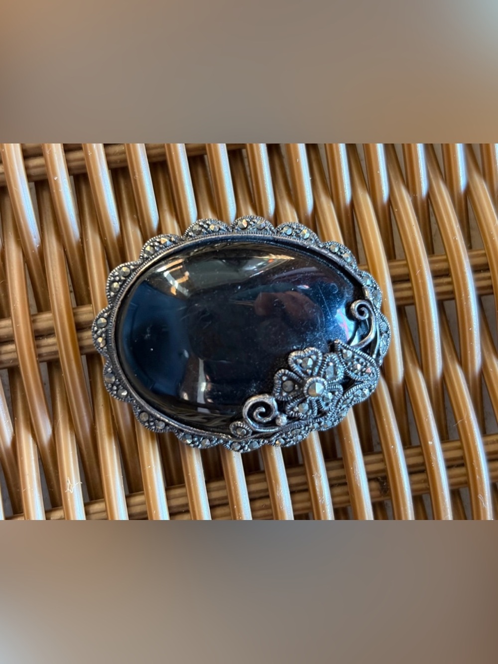 Antique Sterling Silver Marcasite Black Onyx Glass Brooch/ pendant, c.1920s